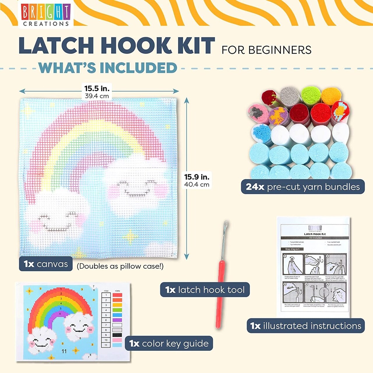 28 Piece Rainbow Canvas Latch Hook Pillow Kits for Adults and Kids, Crafts for Beginners, 24 Colorful Yarn Bundles (15.9 x 15.5 In)